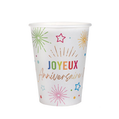 Verres en papier - Joyeux Anniversaire - Blanc - /Pqt