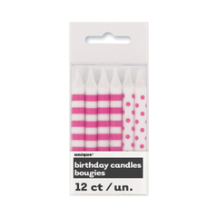 Chandelles d’anniversaire rayures et pois rose vif – 12/Pqt Unique