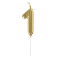 Mini birthday candle - Number 1 - On a stick - Metallic gold