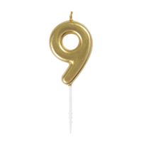 Mini birthday candle - Number 9 - On a stick - Metallic gold