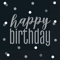 Serviettes de Table - Happy Birthday - GLITZ - Noir et Argent - 16/Pqt