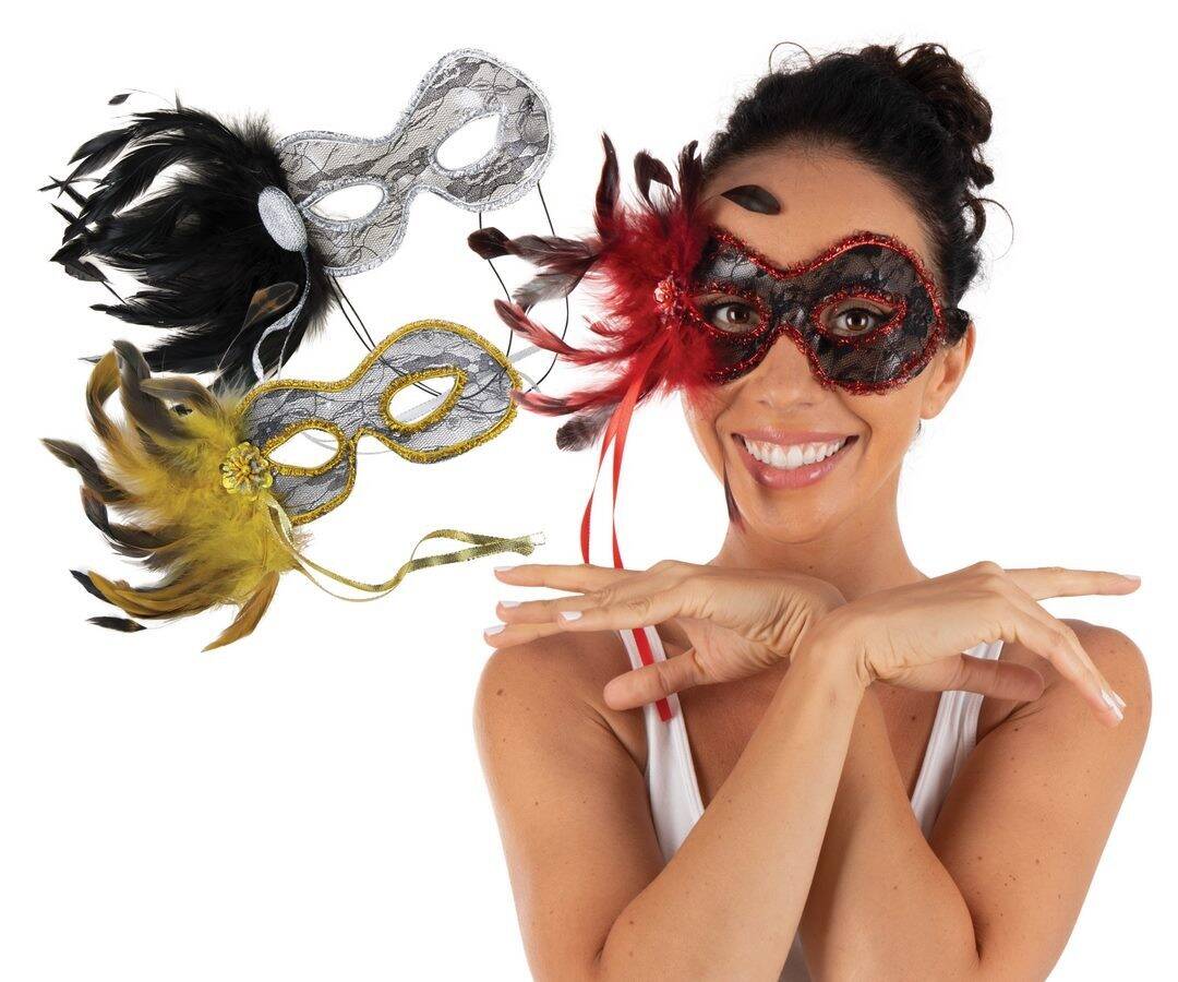 Masque bal masqué en dentelle et plumes