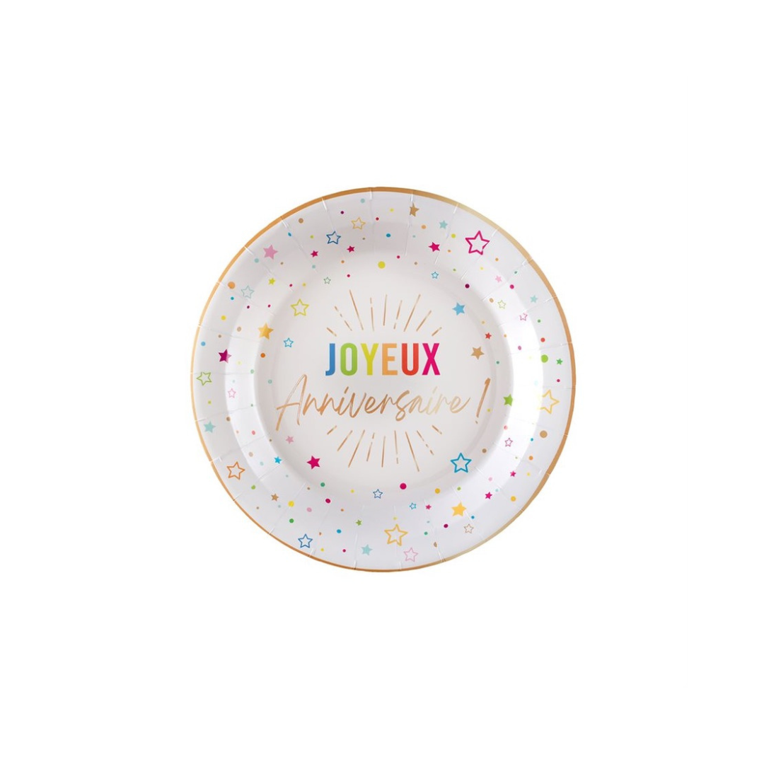 Assiettes à dessert - Joyeux Anniversaire - Blanc - /Pqt