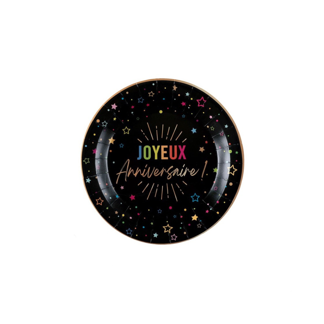 Assiettes à dessert - Joyeux Anniversaire - Noir - /Pqt