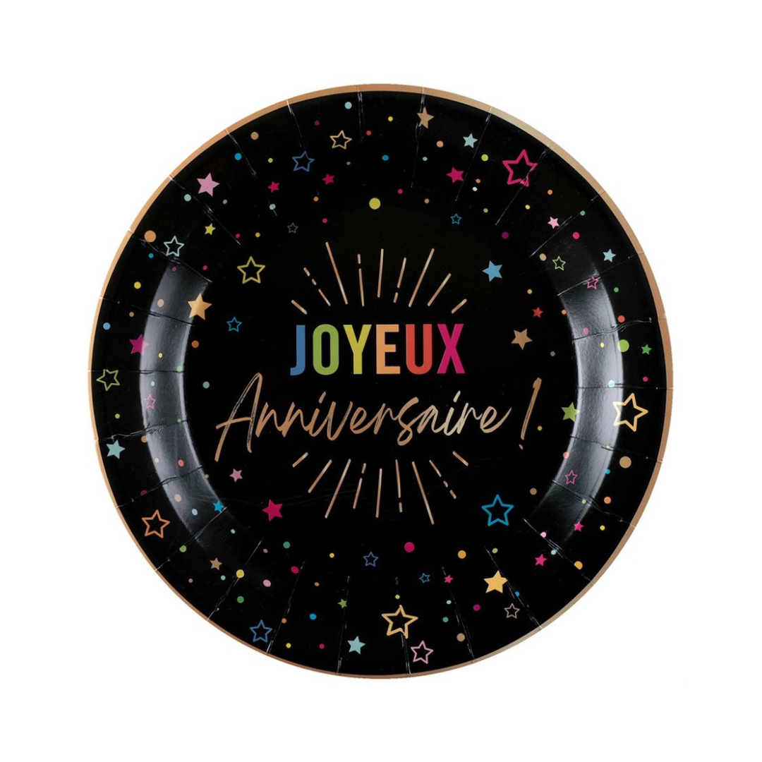 Assiettes à repas - Joyeux Anniversaire - Noir - 9" - 6/Pqt