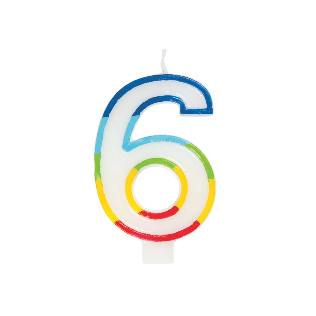 Chandelle d’anniversaire chiffre 6 – bordure arc-en-ciel Unique