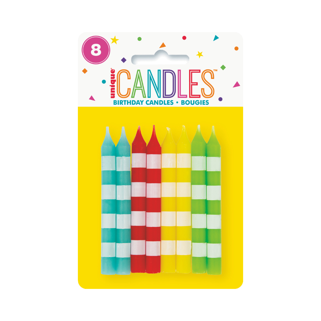 Chandelles d’anniversaire rayées – couleurs assorties – 8/Pqt Unique
