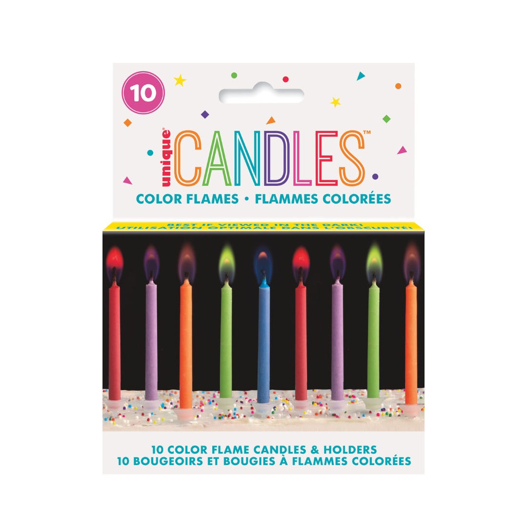 Chandelles d’anniversaire flammes colorées avec supports – 10/Pqt Unique