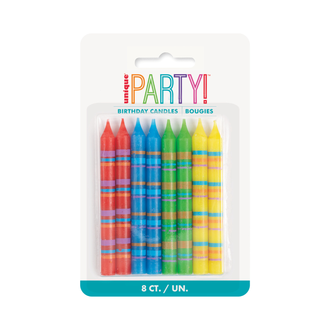 Chandelles d’anniversaire rayées multicolores – 8/Pqt Unique