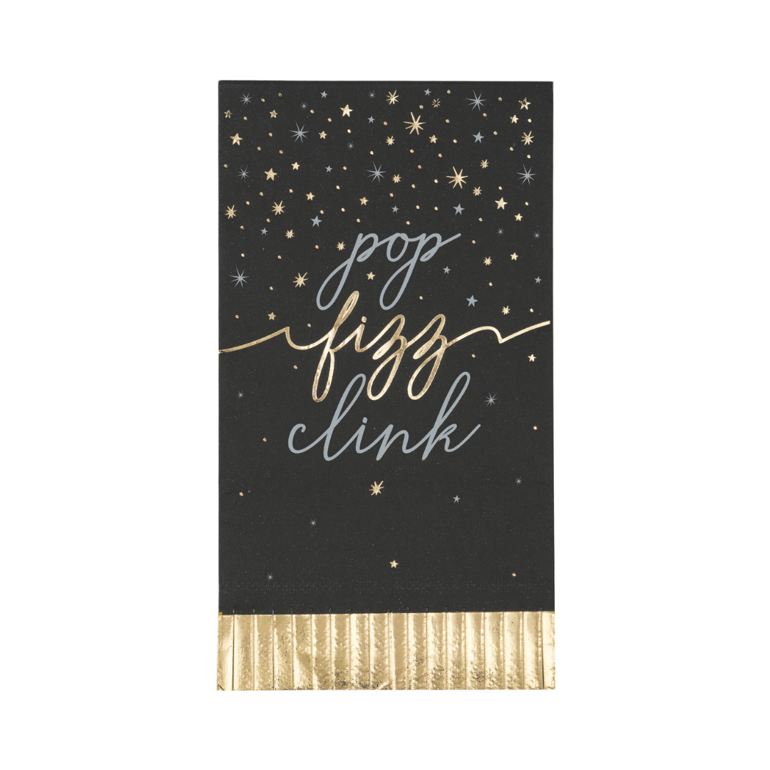 Serviettes invitées à bordure frangée – Nouvel An Disco – “Pop, Fizz, Clink” – 16/Pqt Unique