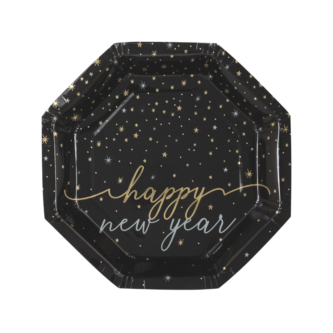 Assiettes en forme octogonale – Nouvel An Disco – “Joyeux Nouvel An” – 8/Pqt Unique