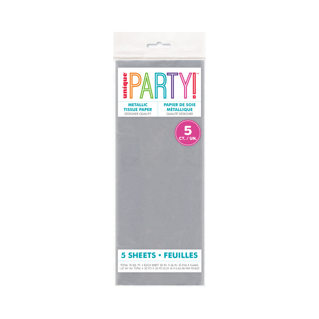 Feuilles de Papier de Soie Métallique Argent - 5/Pqt Unique