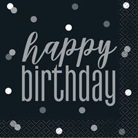 Serviettes à Breuvage - Happy Birthday - GLITZ - Noir et Argent - 16/Pqt