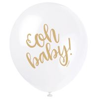 Ballons en latex - Blanc - Oh Baby - Or - 12" - 8/Pqt