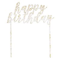Décoration de gâteau acrylique - Happy Birthday - transparente avec éclats dorés