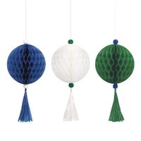 Kit de décorations boules en papier de soie et pompons - Bleu - Blanc - Vert