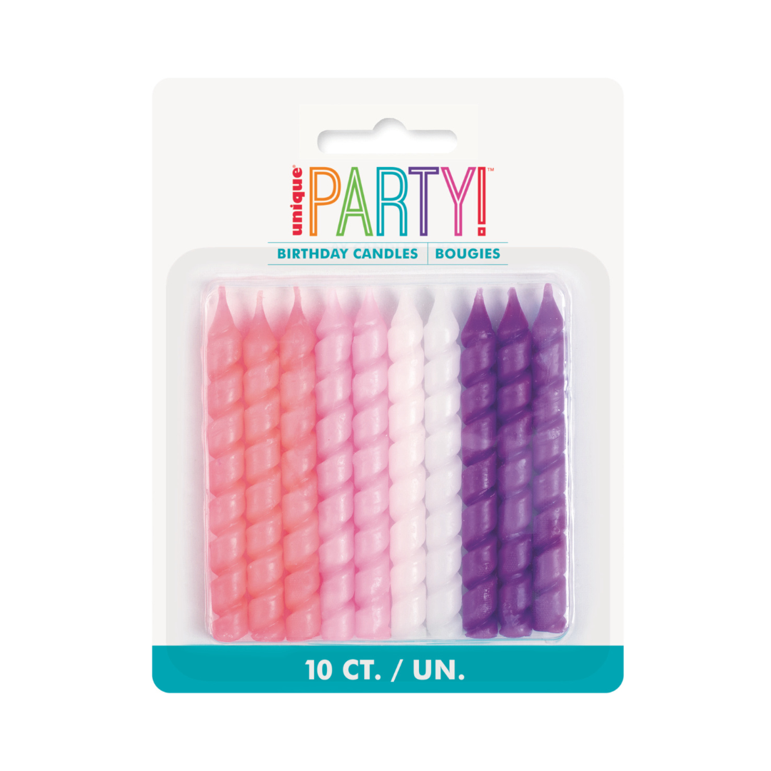Chandelles d’anniversaire spirales rose et violet – 10/Pqt Unique