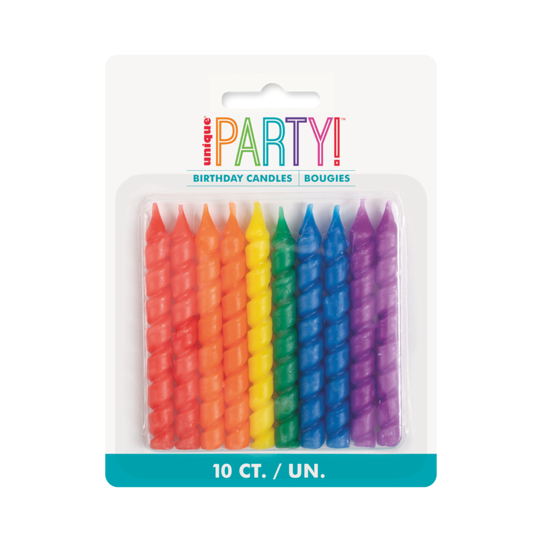 Chandelles d’anniversaire spirales arc-en-ciel – 10/Pqt Unique