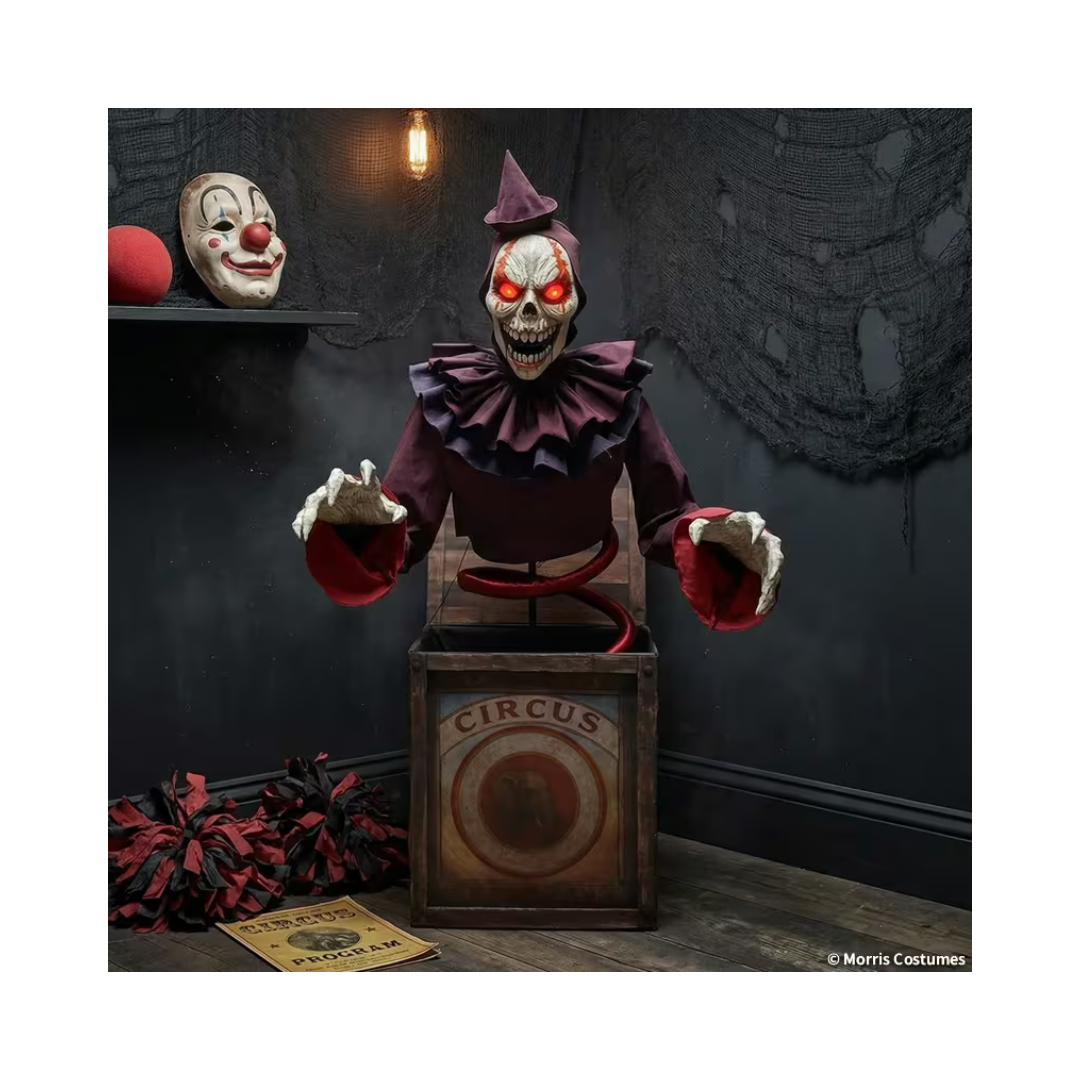 Décoration d’Halloween mécanique – Clown squelette sortant d'une boîte à surprise – 5 pi Morris Costumes