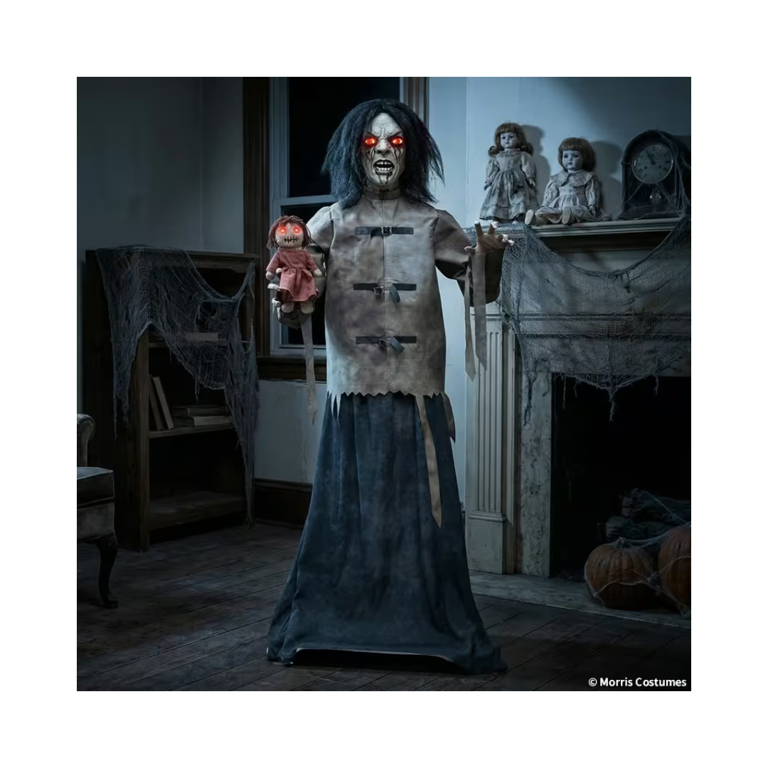 Décoration d’Halloween animée – Maniac Mary en camisole de force avec poupée – 5 pi Morris Costumes
