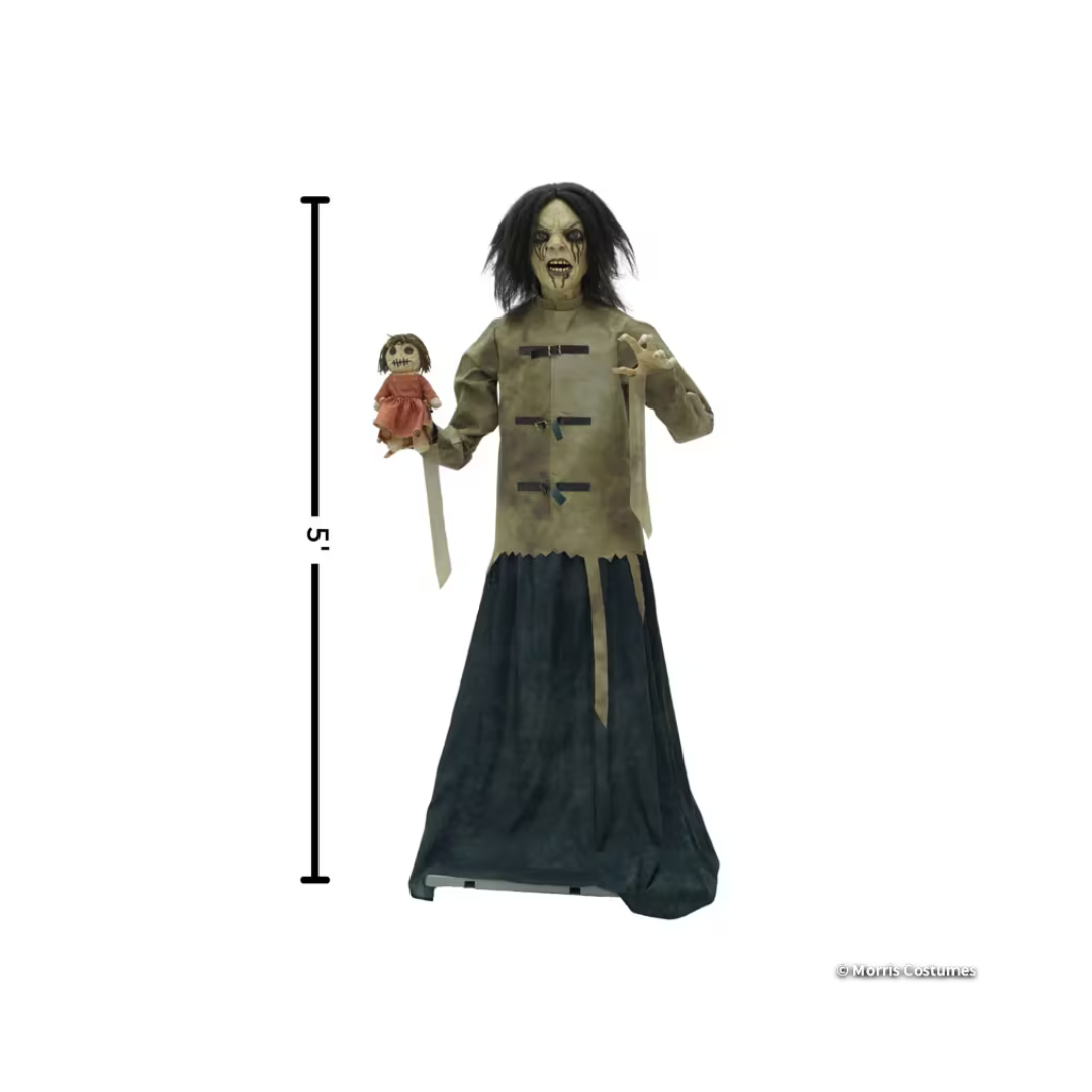 Décoration d’Halloween animée – Maniac Mary en camisole de force avec poupée – 5 pi Morris Costumes