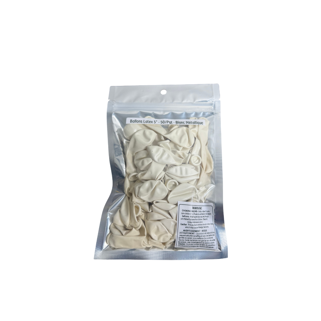Ballons latex 5" - 50/Pqt - Blanc Métalique