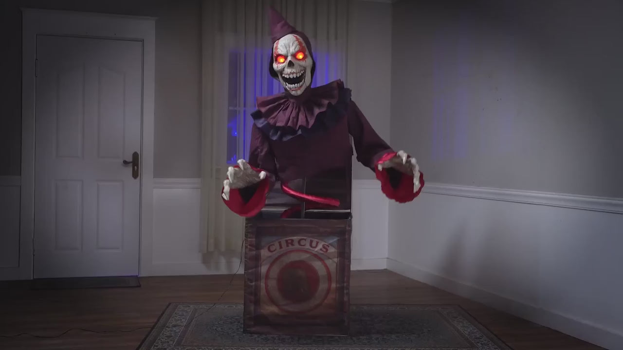 Décoration d’Halloween mécanique – Clown squelette sortant d'une boîte à surprise – 5 pi