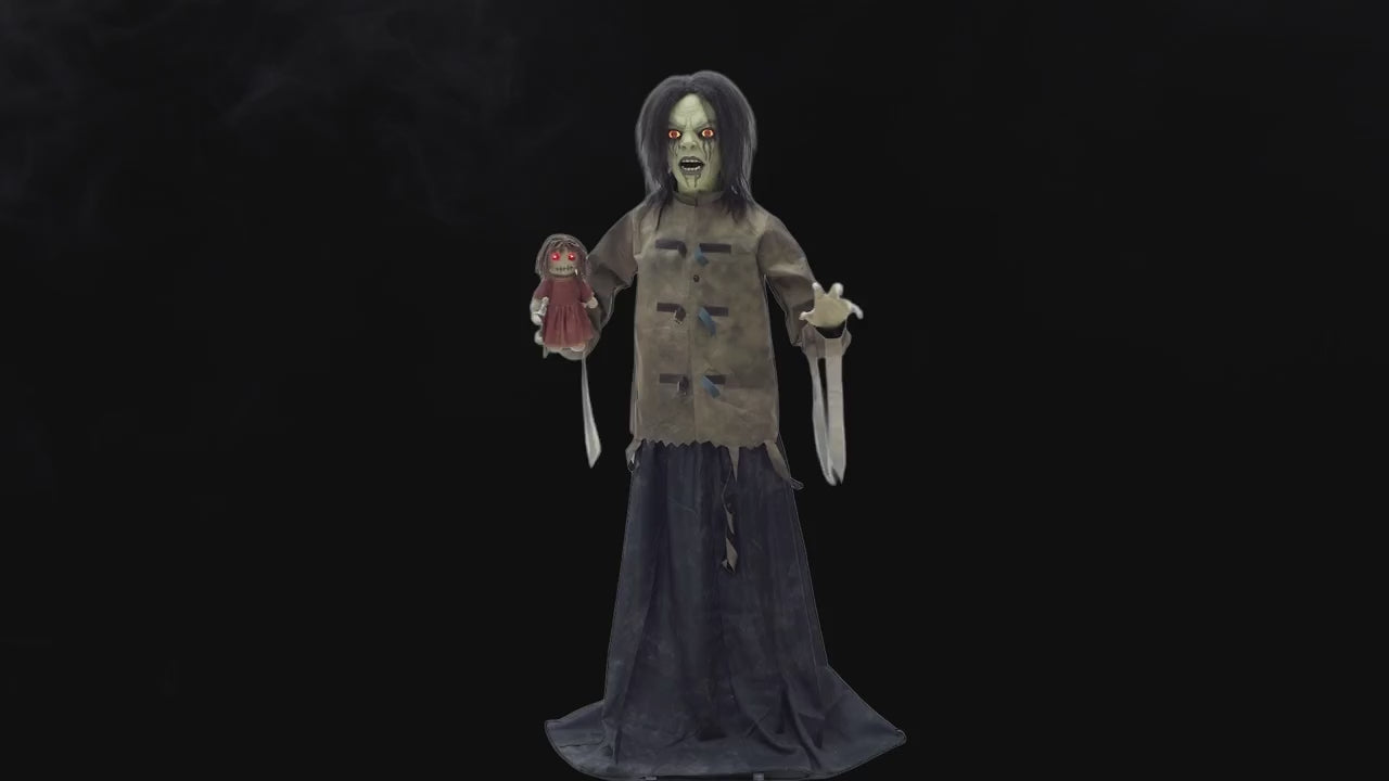 Décoration d’Halloween animée – Maniac Mary en camisole de force avec poupée – 5 pi